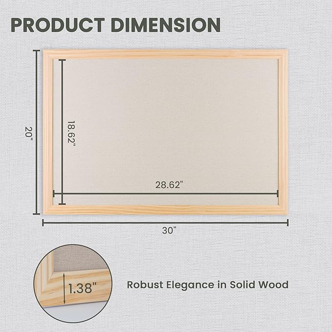 Bulletin Board Cork Board with Linen, 100% Wood Framed 24" x 36" Bulletin Board Decorations, Pin Boards for Walls, Wall Mounted Fabric Picture Board with 10 Pushpins for School, Home & Office, Natural-DeskLoop Office