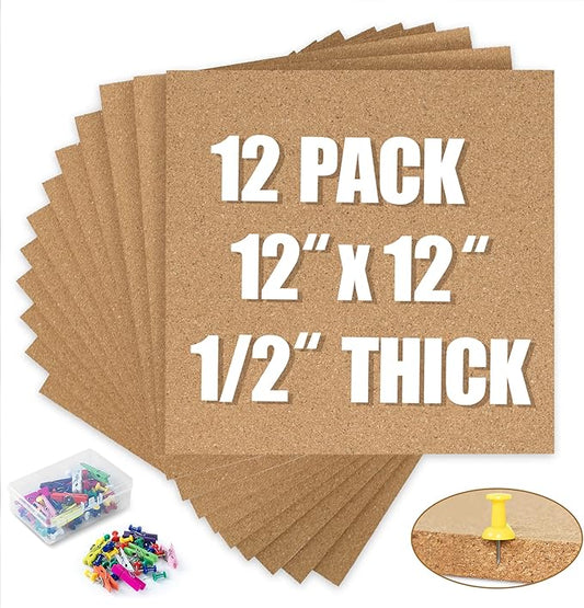 AKTOP Cork Board Bulletin Board 12x12, 1/2" Thick Cork Board Tiles 12 Pack, Small Square Pin Board for Wall, Self Adhesive Corkboards with 120 Push Pin Wood Clips for School, Home & Office-DeskLoop Office
