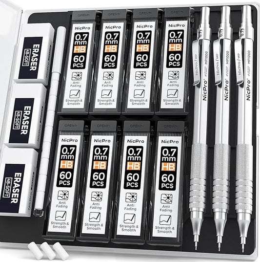 Nicpro 0.7 Metal Mechanical Pencil Set with Case, 3PCS MP1000 0.7mm Artist Lead Pencil With 8 Tube HB Refills, 3 Erasers, 9 Eraser Refill For Architect Art Drafting Drawing Engineering, Sketching-DeskLoop Office