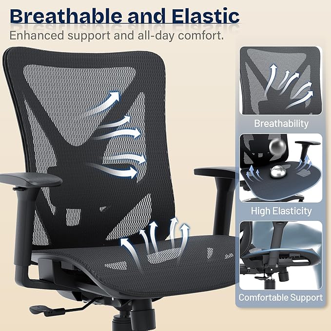 Ergonomic Office Chair, Mesh Computer Desk Chairs with Adjustable Lumbar Support, 3D Armrests, Tilt Function, Comfy Wide Seat, Swivel Executive Work Task Chair for Company and Home-DeskLoop Office