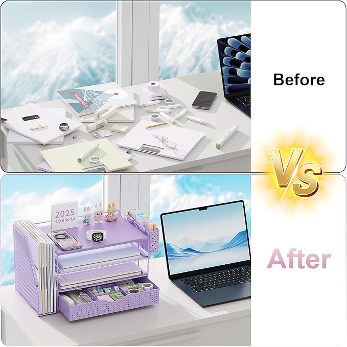 Wood Desk Organizers and Accessories with File Holder, 4-Tier Desk Accessories & Workspace Organizers with Drawer and Pen Holder, Paper Organizer for Office Supplies (Purple)-DeskLoop Office