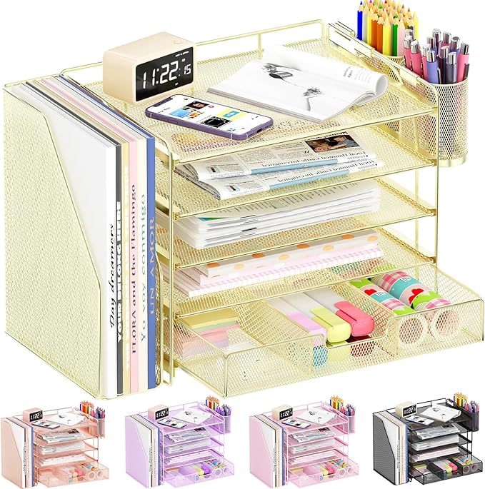 Desk Organizers and Accessories, 5-Tier Paper File Organizer with Drawer & Pen Holder, Office Desk Accessories Workspace Desktop Organizer for Office Supplies(Gold)-DeskLoop Office