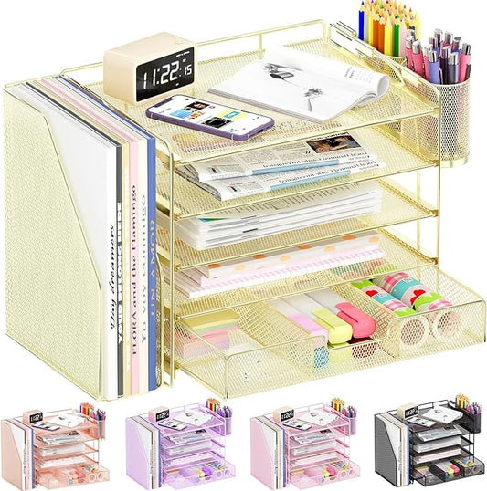 Desk Organizers and Accessories, 5-Tier Paper File Organizer with Drawer & Pen Holder, Office Desk Accessories Workspace Desktop Organizer for Office Supplies(Gold)-DeskLoop Office