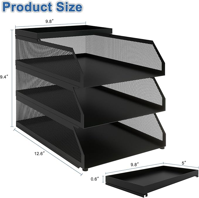 Natwind 3-Tier Stackable Paper Tray, Metal Mesh Desktop Organizer, Paper Sorter, Letter Trays,File Document Storage Rack for for Home, Office, School (Black)-DeskLoop Office