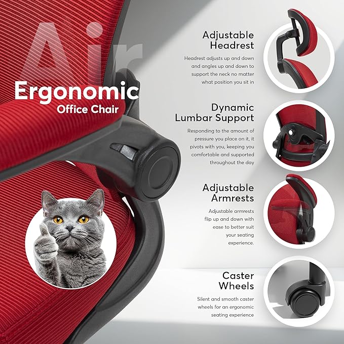 Oline ErgoAir Ergonomic Office Chair – Adjustable Lumbar Support, Flip-Up Armrests, Mesh Computer Desk Chair, Swivel Rolling Executive Gaming Chair for Home & Office (Red)-DeskLoop Office