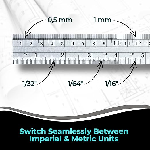 NOKKO Metal Ruler 12 Inch - Pack of 10 - Measuring Set of 12-Inch / 30 cm Stainless Steel Rulers with Imperial & Metric Measurements & Conversion Table - Metal Straight Edge Ruler for Cutting-DeskLoop Office