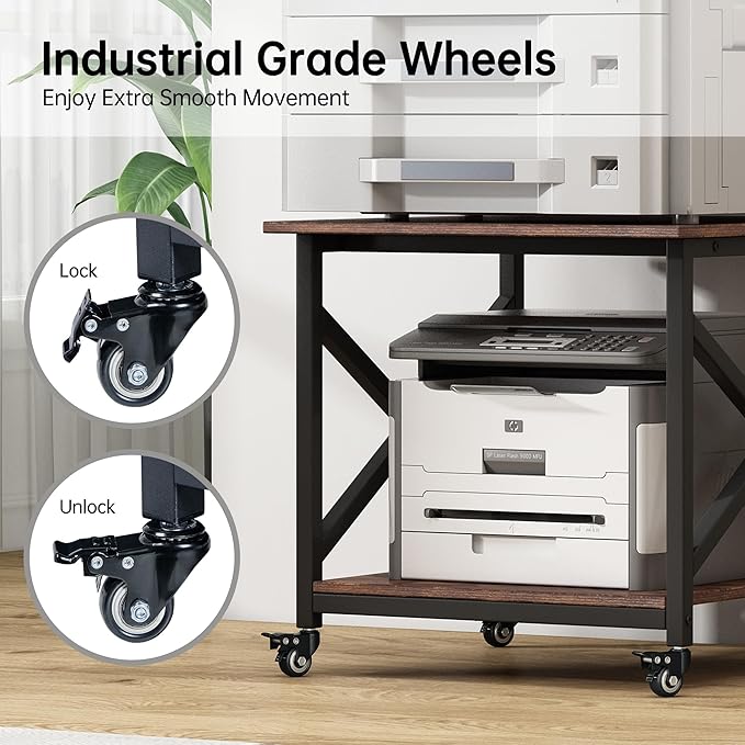 Large Printer Stand, 23.6 x 23.6 x 22.6 Inches Square Printer Table with Storage Shelf, 2 Tier Rolling Printer Cart with Industrial Wheels for Home Office - Rustic Brown-DeskLoop Office