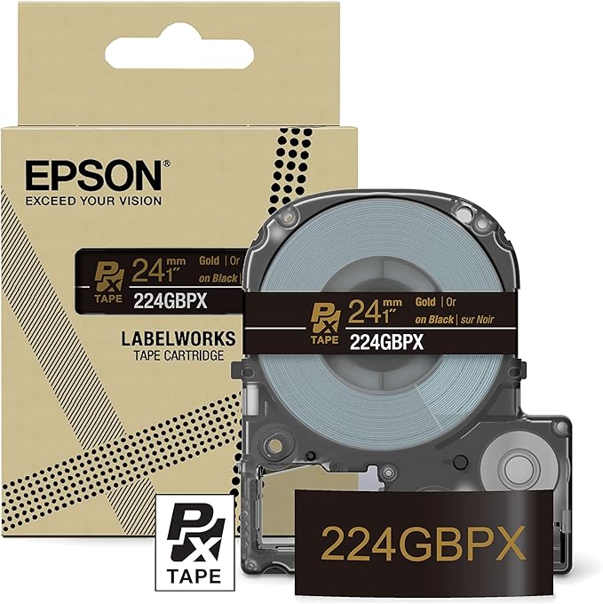 Epson LABELWORKS 224GBPX Genuine PET (Polyester) Tape Cartridge - Gold on Black Designer Craft Label Maker Tape - 1" (24MM) Wide, 30'-DeskLoop Office
