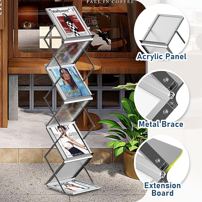 6 Pockets Foldable Aluminum Magazine Rack - Brochure Display Stand, Brochure Catalog Literature Display Stand with Carrying Bag for Exhibition, Trade Show, Office, Retail Store-DeskLoop Office