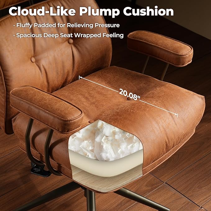 ovios Home Office Chair, Mid-Century Modern Faux PU Leather Chairs with Lumbar Support Comfy Thick Cushion, High Back Ergonomic Swivel Rolling Executive Armchair (Brown, Suede Leather)-DeskLoop Office