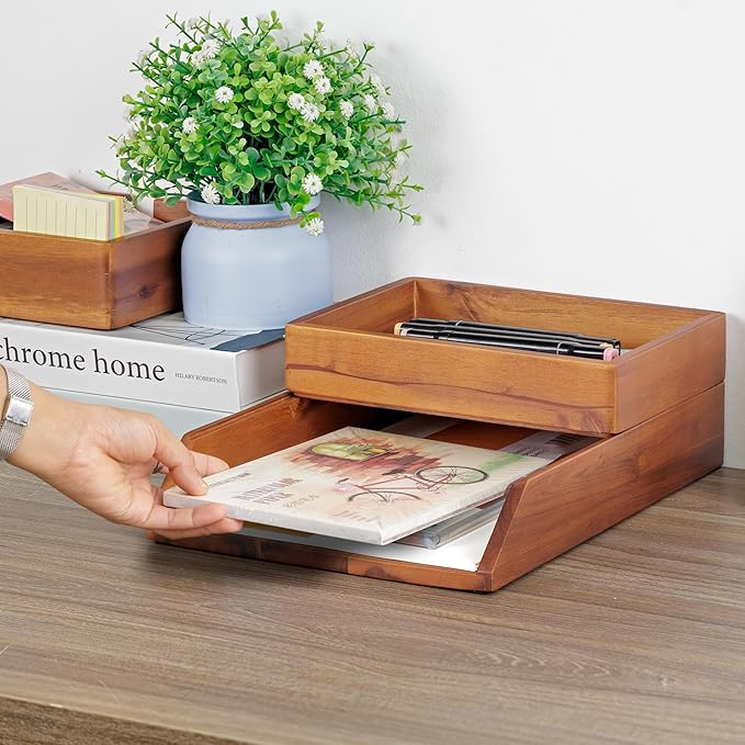 Demigo Desk Organizer Letter Tray Set of 2, Acacia Wood Tabletop Desktop for Storage Paper Letter Folders Notebooks Copy Print, Workspace Holder, Keep Stationery Saver (Brown)-DeskLoop Office