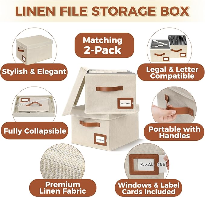 Storage Standard 2-Pack File Organizer Box with Lid - Collapsible Hanging Linen Document Organizer Portable File Boxes, Lightweight & Portable Filing Box Crates with Handles & Extras, Ivory-DeskLoop Office