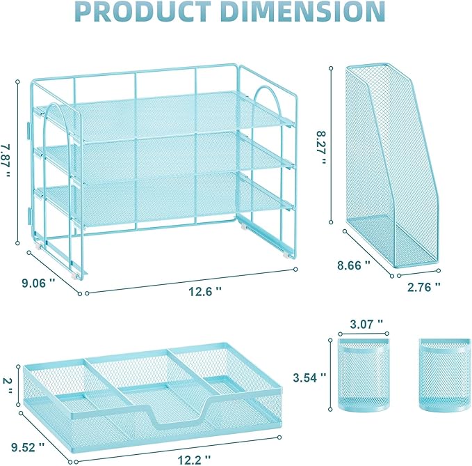 Marbrasse Desk Organizer and Accessories,4-Tier Paper Letter Tray Organizer with File Holder, Desk Accessories & Workspace Organizers with Drawer and 2 Pen Holder (Blue, 15.4" x 9.1" x 8.3")-DeskLoop Office