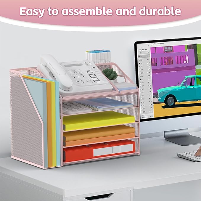 DocNest 5 Tier Paper Letter Tray File Organizer, Mesh Desk File with Handle, Workspace Desk Organizers with Pen Holder, Office Organization Storage Accessories - Pink-DeskLoop Office