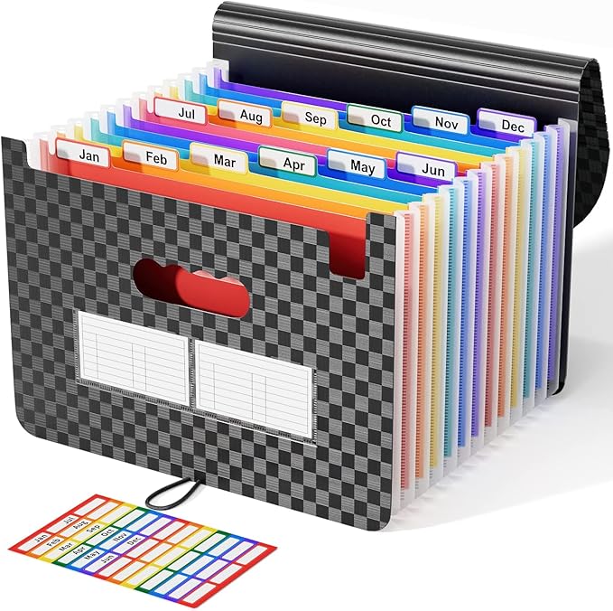 ABC life Accordian File Organizer 12 Pockets,Expanding File Folder/Portable A4 Letter Size Filling Box, Expandable Desktop Accordion Folder, Plastic Paper Document Coupon Organizer with Colored Labels-DeskLoop Office