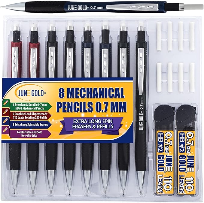 June Gold 8 Pack 0.7 mm HB #2 Mechanical Pencils, Extra Long Spin Eraser, 2 Lead Dispensers/w 220 Refills & 8 Refill Erasers, Break Resistant Lead, Soft Non-Slip Grip-DeskLoop Office