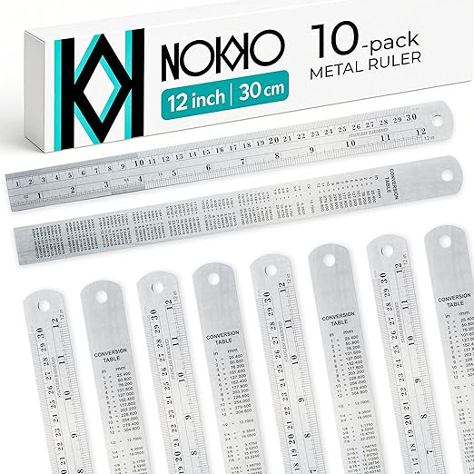 NOKKO Metal Ruler 12 Inch - Pack of 10 - Measuring Set of 12-Inch / 30 cm Stainless Steel Rulers with Imperial & Metric Measurements & Conversion Table - Metal Straight Edge Ruler for Cutting-DeskLoop Office