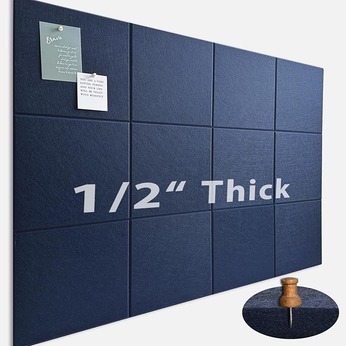 Large Cork Board for Office Wall Decor,48"x36"-12 Pack Felt Wall Tiles with 35 Push Pins, Thicker 0.47in, Felt Bulletin Board Pin Board Cork Boards for Walls - Dark Blue-DeskLoop Office