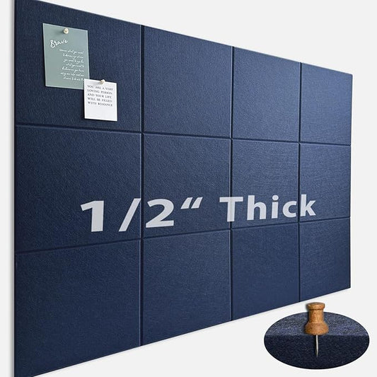 Large Cork Board for Office Wall Decor,48"x36"-12 Pack Felt Wall Tiles with 35 Push Pins, Thicker 0.47in, Felt Bulletin Board Pin Board Cork Boards for Walls - Dark Blue-DeskLoop Office