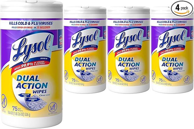 Lysol Dual Action Disinfectant Wipes, Multi-Surface Antibacterial Scrubbing Wipes, For Disinfecting and Cleaning, Citrus Scent, 75ct (Pack of 4), Packaging May Vary-DeskLoop Office