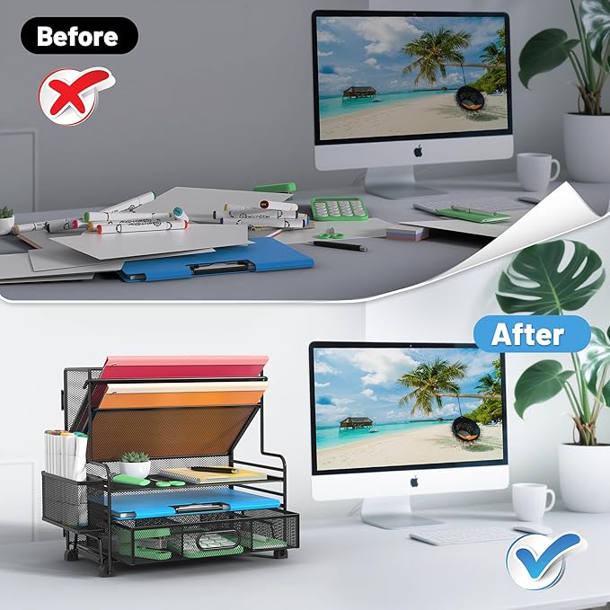 5 Tier Desk Organizer with Drawer & Pen Holders, Desk File Organizer Letter Tray Paper Organizer, Black-DeskLoop Office