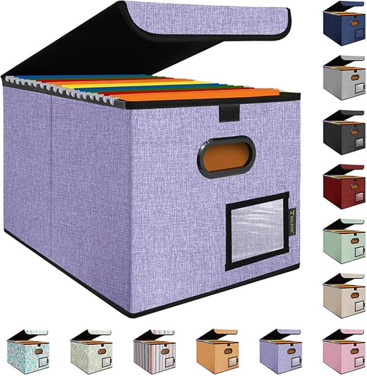 BALEINE File Organizer Box with Lid, Collapsible File Folder Organizer with Plastic Slide, Hanging File Folder Box for Office Document Storage (1 Pack, Purple)-DeskLoop Office