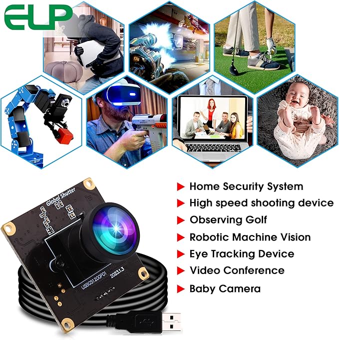 ELP High Speed Wide Angle Global Shutter USB Camera Module for Computer 1080P Mini UVC USB2.0 Webcam Board with 110degree No Distortion Lens AR0234 High Frame 90fps Web PC Camera Board for Laptop-DeskLoop Office