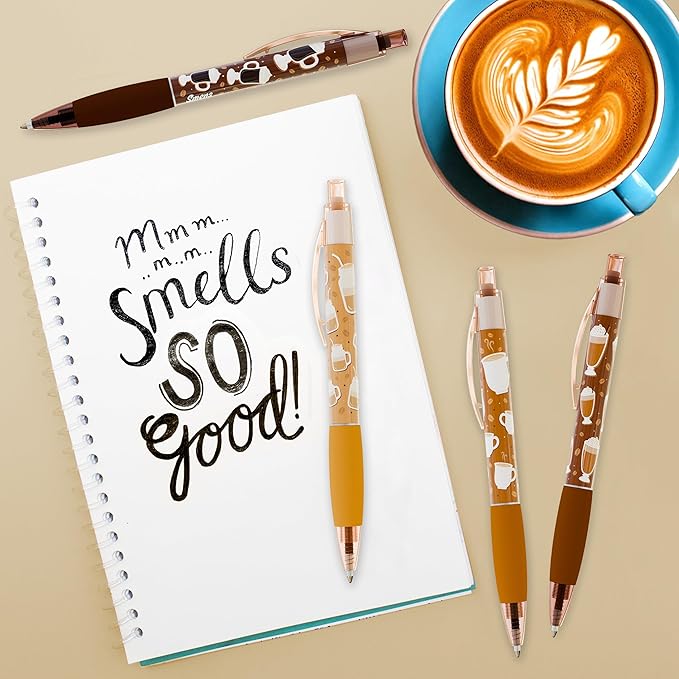 Coffee Smens - Gourmet Coffee-Scented Gel Pens, Black Ink, Medium Point, 6Pack Variety Set