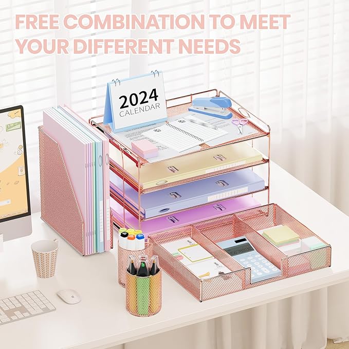 Desk Organizer and Accessories, 4-Tier Desktop File Organizer with Drawer and 2 Pen Holders, Office Desk Accessories for Office Supplies(Rose Gold)-DeskLoop Office