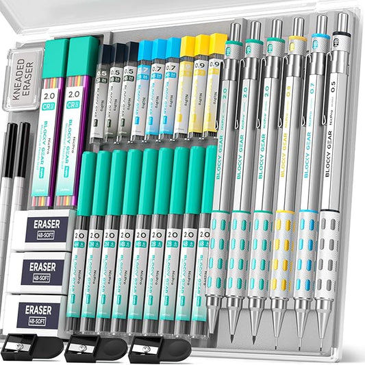 Nicpro Blocky Gear Art Mechanical Pencil Set with Case, 36PCS Metal Mechanical Pencils 0.5, 0.7, 0.9mm & 2mm Lead Holder for Drawing Sketching with 20 Tubes (6B 4B 2B HB 2H 4H Colors) Lead Refills-DeskLoop Office