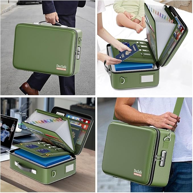 DocSafe Fireproof Document Box with Lock&Shoulder Strap,Hard Case File Organizer with Accordion File Folder,Multi-Layer Portable Home Office Travel Safe Storage for Important Documents Laptop Green-DeskLoop Office
