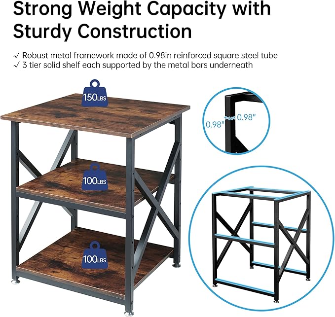 23.6 x 23.6 Inches Large Printer Stand, 3 Tier Square Printer Table with Height Adjustable Storage Shelf, Rolling Printer Cart with Industrial Wheels for Home Office - Rustic Brown-DeskLoop Office