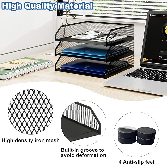 Natwind 3-Tier Stackable Paper Tray, Metal Mesh Desktop Organizer, A4 Desk Organizer, Stackable Letter Trays, File Folder Sorter Organizer with Sliding Tray for Home, Office, School (Black)-DeskLoop Office