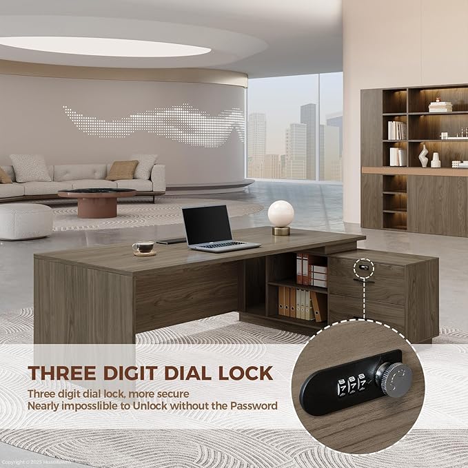 L-Shaped Executive Desk with Reversible Cabinets, Lockable Drawers & Cable Management – Large Wood Office Desk for Home or CEO Office(Black Walnut,63" L*32" W*30" H)-DeskLoop Office