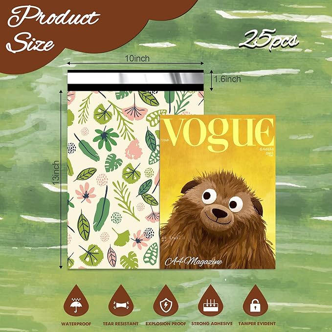 Leafs Poly Mailer 10x13 Inch 25 Pcs, Waterproof Shipping Bags for Clothing, Tear-Resistant Mailier Bags, Strong Mailing Bags with Self-Seal-DeskLoop Office
