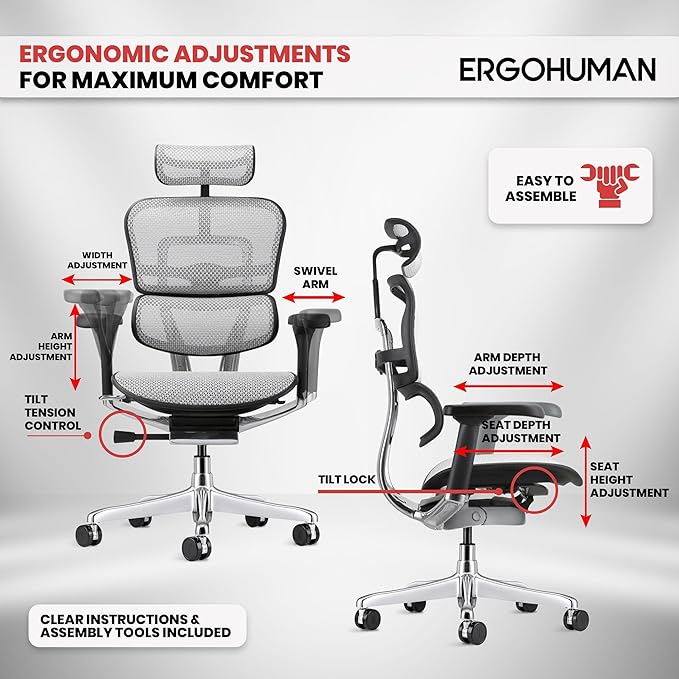 Ergohuman Eurotech ME7ERG GEN2 High Back Mesh Office Chair with Tilt Tension Control, Tilt Lock, Back Angle, Back Height, Synchro Tilt, Seat Height, Seat Depth, and Arm Height Adjustments, Grey-DeskLoop Office