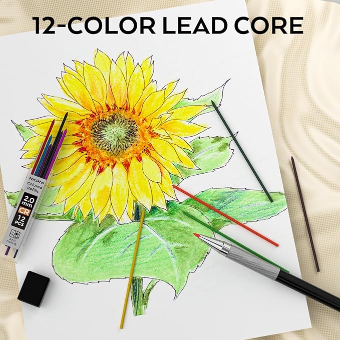 Nicpro 33PCS Black Metal Mechanical Pencil Set in Leather Case, Art Drafting Pencil 0.3, 0.5, 0.7, 0.9 mm, 2mm Lead Holders for Sketching Drawing With 18 Tube (6B 4B 2B HB 2H 4H Colors) Lead Refills-DeskLoop Office