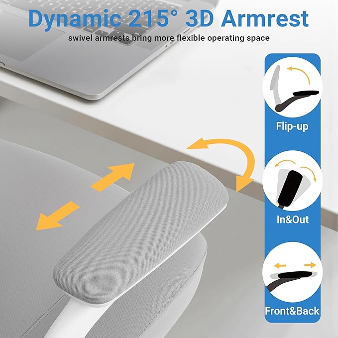 HYLONE Heavy Duty Office Chair, 5" Thickened Seat Ergonomic Desk Chair with Adjustable Armrests, Home Office Computer Chairs for Long Hours Mesh Executive Chair(White Base & Grey)-DeskLoop Office