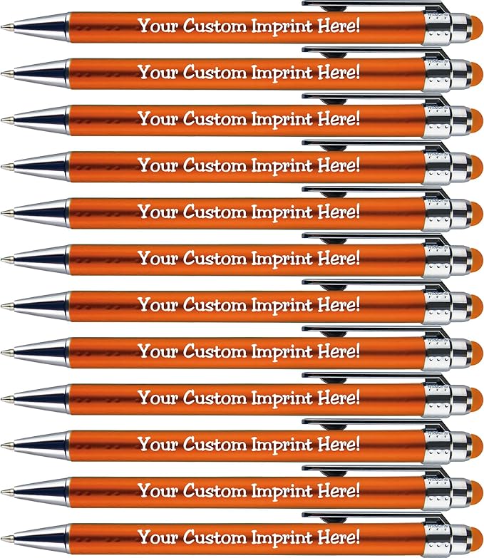 Personalized Pens with Stylus Tip -Bright Vibes- Click action - Custom - Black writing - Printed Name pens - Imprinted with Your Logo or Message - FREE PERSONALIZATION - 12 Pens/Box (Orange)-DeskLoop Office