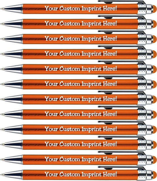 Personalized Pens with Stylus Tip -Bright Vibes- Click action - Custom - Black writing - Printed Name pens - Imprinted with Your Logo or Message - FREE PERSONALIZATION - 12 Pens/Box (Orange)-DeskLoop Office