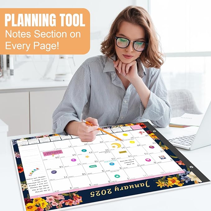 Gannyfer Desk Calendar 2025-2026, Large 22"x17" Desktop Calendars 18 Month Jan 2025 - Jun 2026, Monthly Planner Pad with Plastic Cover -Dark Floral-DeskLoop Office