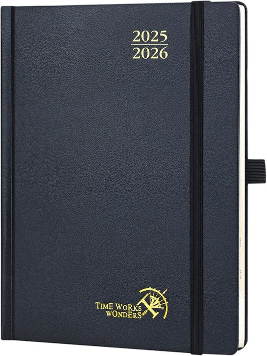 POPRUN Planner 2025-2026, (Medium 6.5'' x 8.5'' Hard Cover) Academic Calendar (July 25-June 26) Daily Weekly and Monthly Appointment Book with Hourly Time Slots, Monthly Tabs, 100 GSM - Black-DeskLoop Office