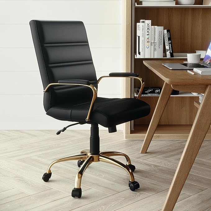 Flash Furniture Whitney Mid-Back Swivel LeatherSoft Desk Chair with Wheels, Padded Seat and Armrests, Adjustable Height Padded Office Chair, Black-DeskLoop Office