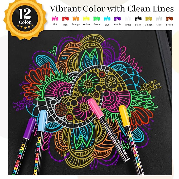 KERIFI Liquid Chalk Markers Fine Tip 1.0 mm, 12 Colors Wet Erase Makers for Chalkboard Calendar, Erasable Chalk Pens for Chalkboard, Blackboard, Bistro, Menu, Glass, Wedding Signs, 45 Labels Included-DeskLoop Office