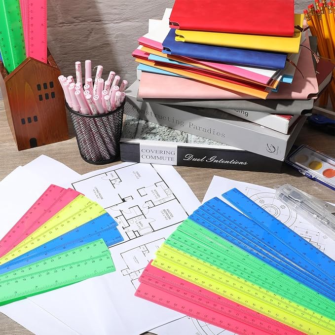 Zonon 50 Pcs 6 Inch/12 Inch Plastic Rulers Bulk Flexible Straight Rulers with Inches Centimeters First Day of School Gift Students Back to School Office Home Supplies(Colorful,12 Inch)-DeskLoop Office