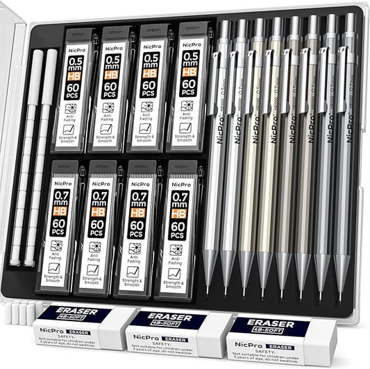 Nicpro 8 Pack 0.5mm & 0.7mm Metal Mechanical Pencil Set, MB1000 Lead Drafting Pencil for Artist Writing, Sketching, Drawing with 8 Tubes HB Lead Refills, 3PCS 4B Eraser, 9PCS Cap Eraser - With Case-DeskLoop Office