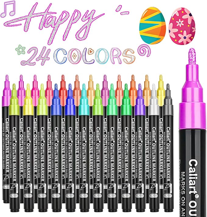 Caliart Outline Glitter Markers, 24 Colors Shimmer Metallic Glitter Pens Tween Teen Girl Gifts Trendy Stuff, Cool Fun Craft Arts Supplies Set for Kids 4-6-8-10-12-DeskLoop Office
