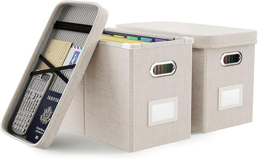 Oterri File Organizer With Lid, Hanging Filing Box With Mesh Pocket, Document Organizer for Letter Files, Portable Storage With Smooth Sliding Rail for Office & Home (2 PCS, Beige)-DeskLoop Office
