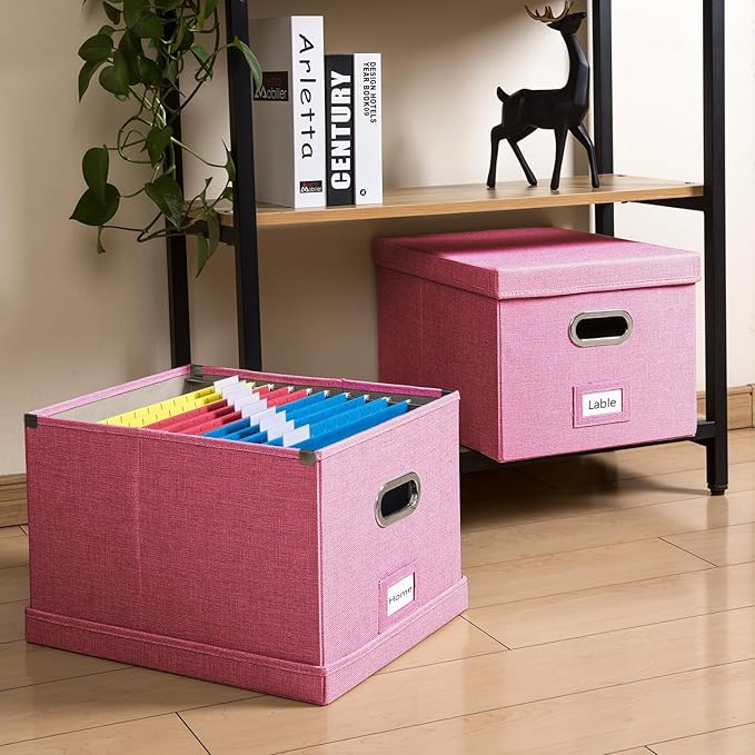 PRANDOM File Organizer Box - Set of 4 Collapsible Decorative Linen Filing Storage Hanging File Folders with Lids Office Cabinet Letter/Legal Size Pink 17.1x14x11.1 inch-DeskLoop Office