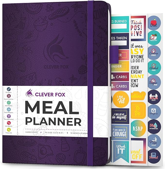 Clever Fox Weekly Meal Planner - Weekly & Daily Meal Prep Journal with Shopping and Grocery Lists for Menu Planning, Healthy Diet & Weight Loss Tracking, Lasts 1 Year, Undated, A5 - Purple-DeskLoop Office